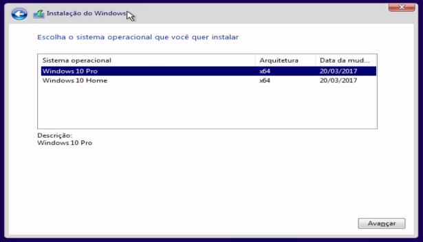 Caso o instalador te pergunte, o Windows pode ser instalado na Edição Home ou na Pro. Em ambos os casos em 32 ou 64 bits Antes de instalar, verifique qual é o seu processador, se suporta 64 bits.