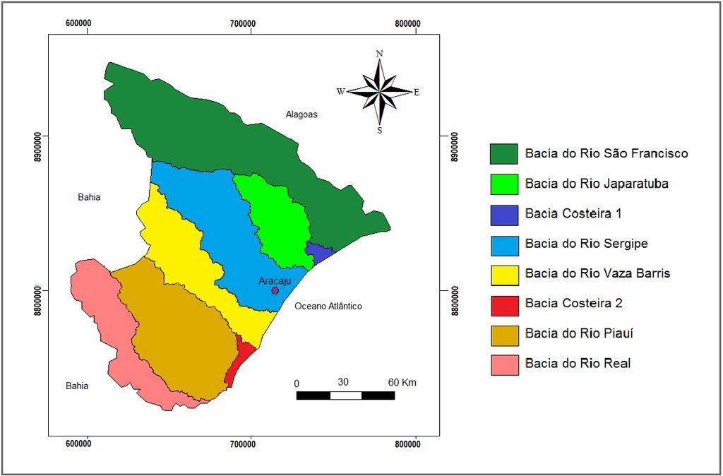 Figura 2. Localização das bacias hidrográficas dos rios que cortam o Estado de Sergipe.