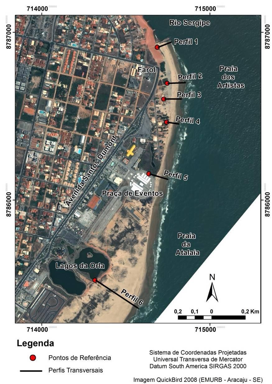 Figura 10. Localização dos perfis transversais realizados nas praias contíguas à margem direita da desembocadura do rio Sergipe.