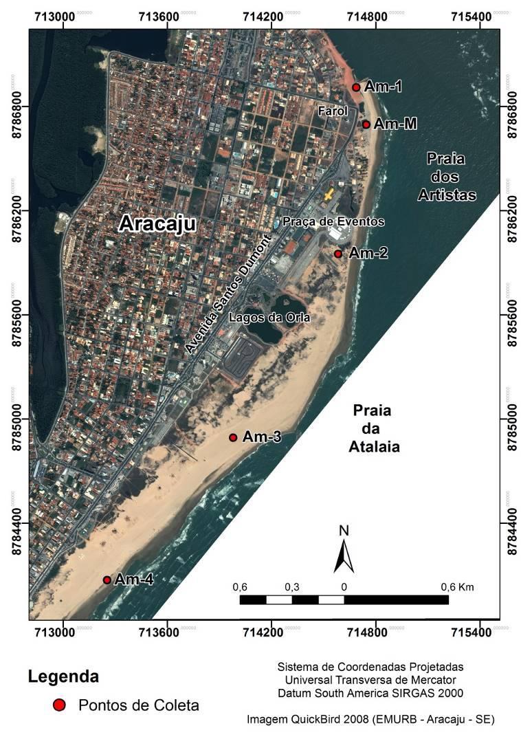 campo foi verificada a concentração de minerais máficos na face de praia superior da praia dos Artistas e foi coletada uma quinta amostra, Am-M, totalizando 9 amostras de sedimentos. Figura 11.