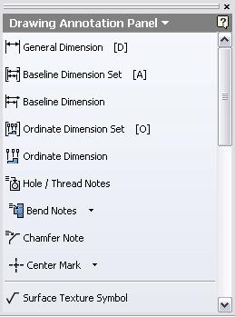 O Drawing Annotation Panel é usado no ambiente de desenho para