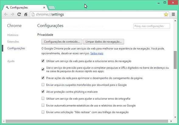Para que o Google Chrome em português (para Windows) avise se o site que se está tentando visitar é suspeito de malware é necessário clicar no menu do Google Chrome (que fica no canto superior