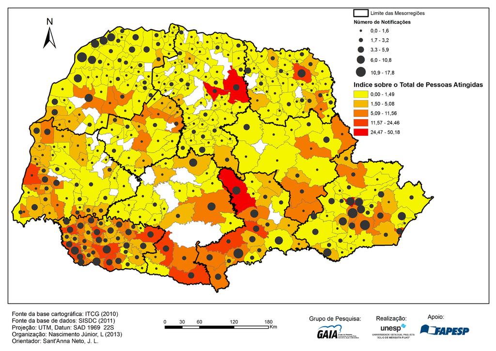 Figura 2 Desastres notificados e pessoas atingidas para eventos pluviais extremos 1980 a 2011 A distribuição espacial dos desastres no Paraná na estação seca de abril a setembro, de 1980 a 2011,