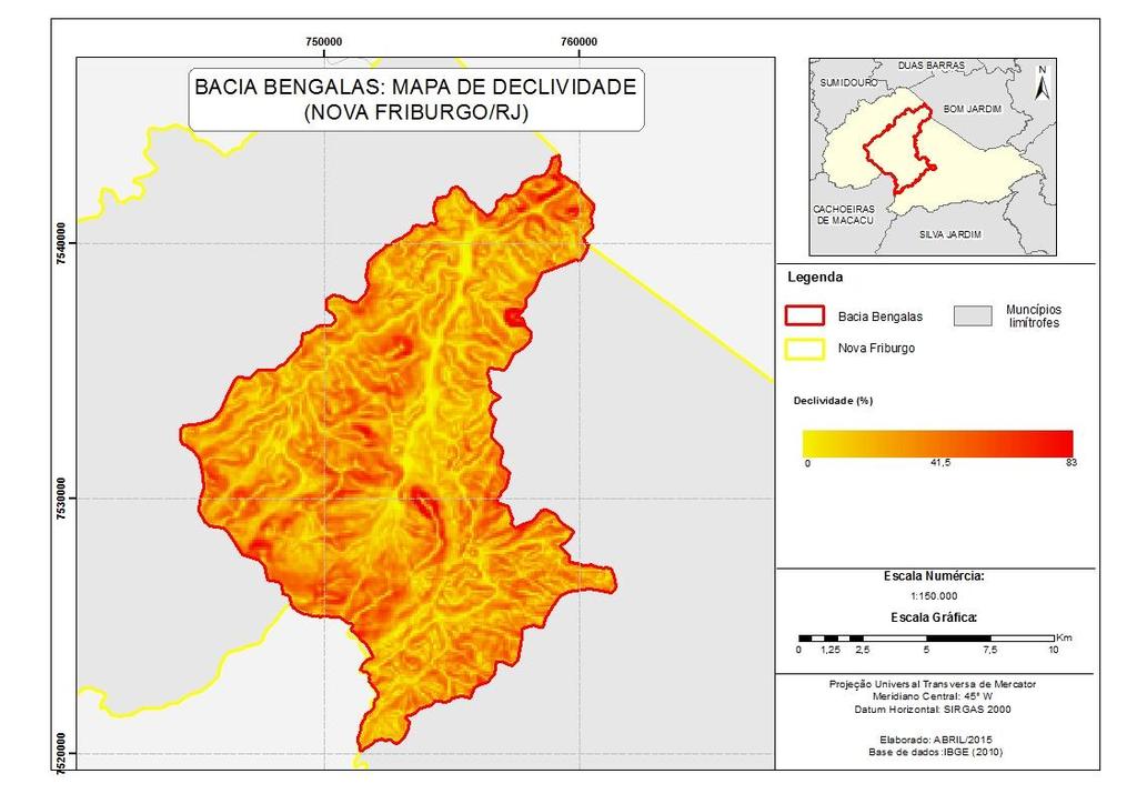 70 altimétrica indicam maior força erosiva das águas e assim, maior vulnerabilidade. (Figura 15) Figura 15: Mapa de declividade da Bacia Bengalas. 4.2.6.