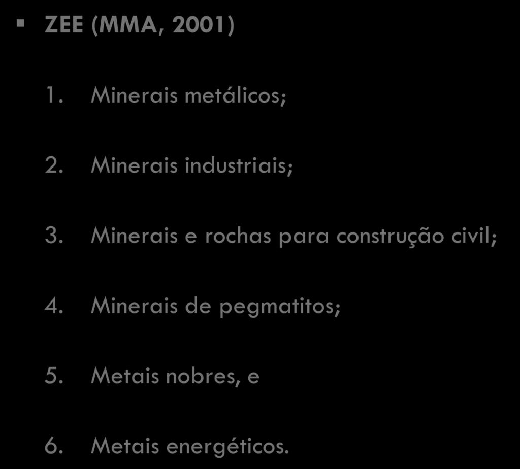 Caracterização Físico-Biótica Recursos Minerais ZEE (MMA, 2001) 1. Minerais metálicos; 2.