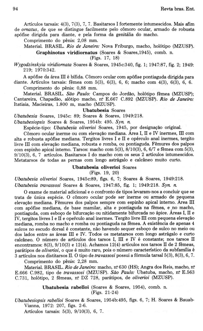 94 Revta bras. Ent. Artículos tarsais : 4(3), 7(3), 7, 7. Basitarsos I fortemente intumescidos.