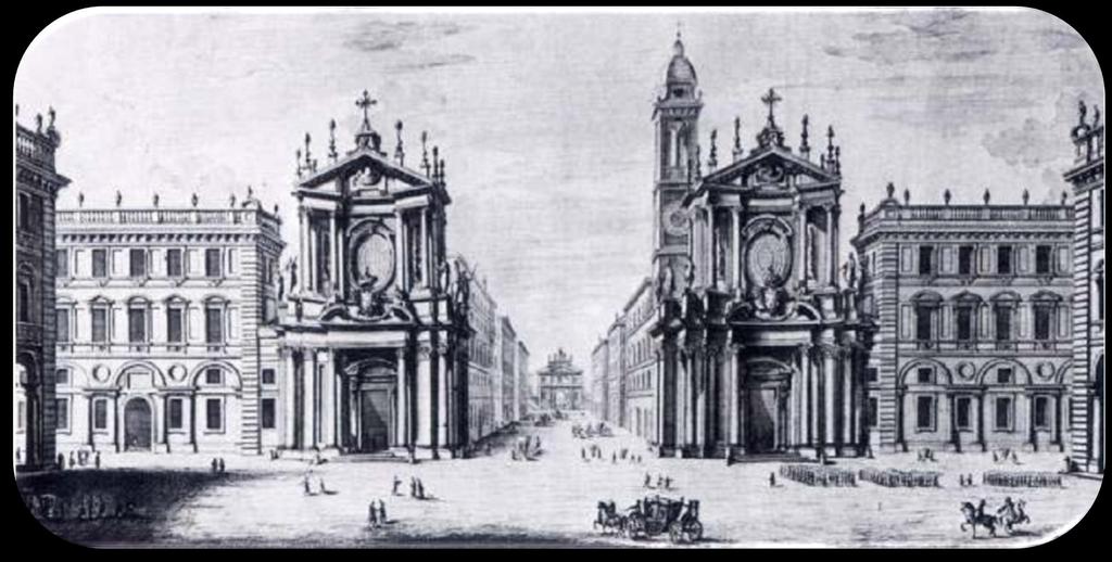 Gravura da praça San Carlo, em Torino, projetada por Carlo de Castellamonte, toda com arquitetura uniforme e as duas igrejas