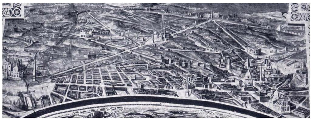 Afresco da Biblioteca Vaticana mostrando o plano de Sisto V e Domenico Fontana para Roma, 1587-1589. (INSOLERA, 1981, p.