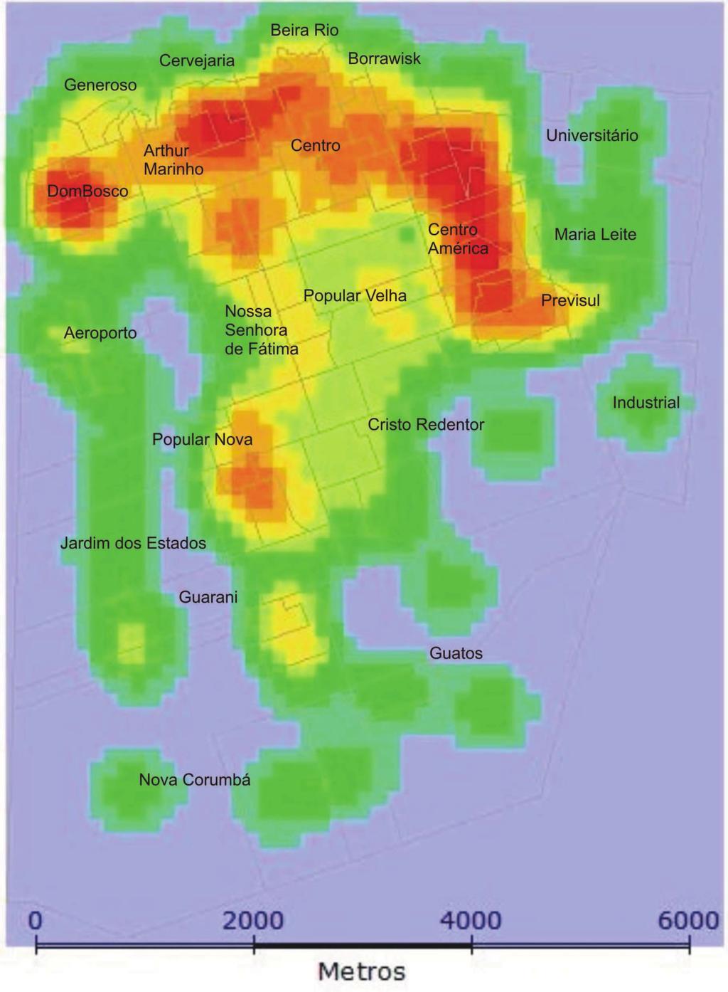 32 Figura 2. Mapa de Kernel com a distribuição dos atendimentos antirrábico profilático humano, município de Corumbá, no ano de 2008. Modificado de TerraView 3.3.1: www.dpi.inpe.
