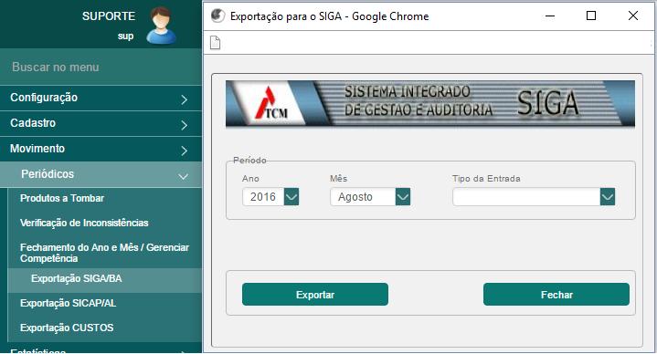 MENU: PERIÓDICOS > Exportação SIGA/BA A tela abaixo permite que o Administrador do Sistema de Controle realizar a exportação para o Tribunal de Contas dos Municípios TCM-BA.