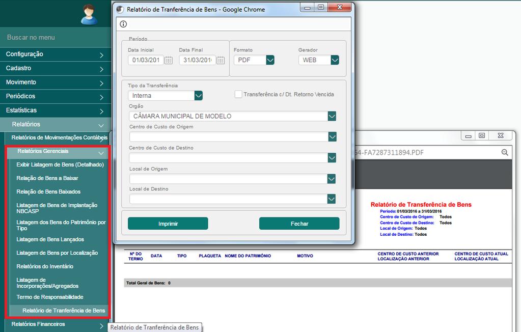 MENU: RELATORIOS > Transferência de Bens Tela 33.