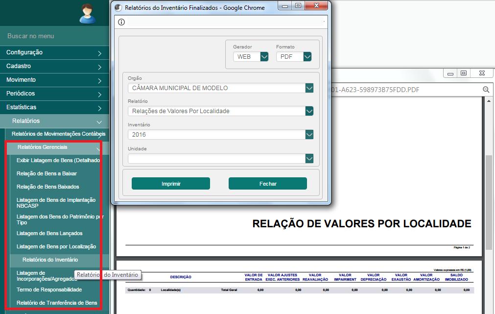 MENU: RELATORIOS > Relatórios Gerenciais > Inventário Tela 35.