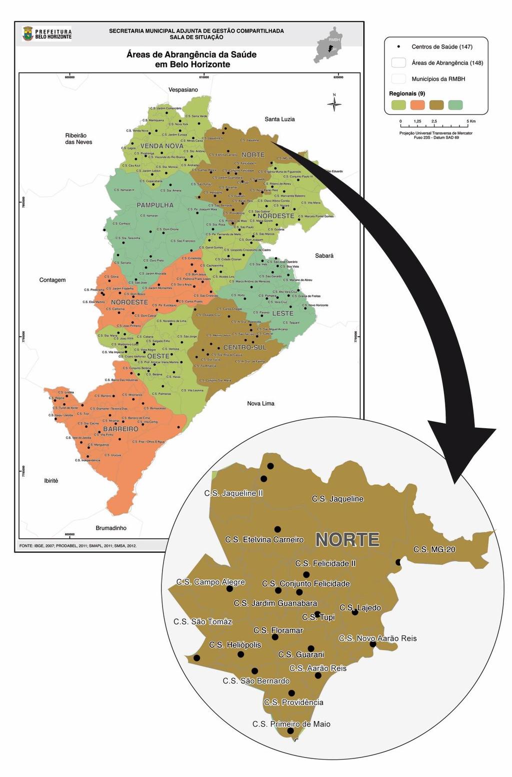 71 Figura 5 - Mapa da cidade de Belo Horizonte com seus distritos sanitários e as correspondentes áreas de abrangência de seus centros de saúde.