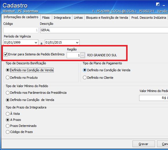 4. Cadastrar Condições de Venda Para cadastrar as condições de venda, acesse a rotina 2311 Cadastro de Condições de Venda para incluir a região e siga os procedimentos abaixo: 4.