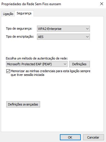 10. No separador Segurança (Security), confirme que está selecionado o método de autenticação EAP protegido (PEAP) (Protected EAP (PEAP)). 11.