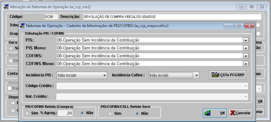 OBS: Esta configuração atende adequadamente às naturezas de operação de devoluções de compras de