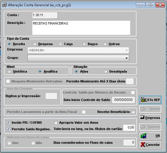 24 RECEITAS FINANCEIRAS (rendimentos de aplicações financeiras, juros recebidos, etc) Figura 40: Alterando conta gerencial Receitas Financeiras.