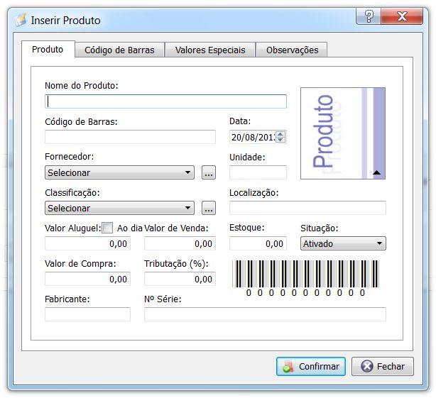 12 7. CADASTRO DE PRODUTOS No cadastro de produtos é possível inserir, alterar e excluir os produtos para LOCAÇÃO ou VENDA. Na tabela principal é exibido todos os produtos cadastrados no sistema.