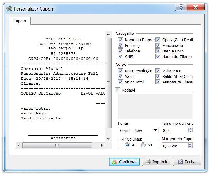 37 27. PERSONALIZAR CUPOM Na personalização do cupom você definira os itens na qual deseja exibir na impressão do cupom no momento de aluguel dos produtos.