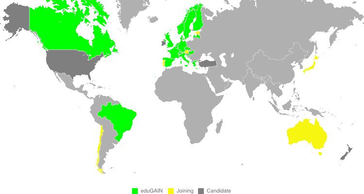 Acordos internacionais - edugain Conexão a 18 federações, mais 6 em processo de adesão Primeira