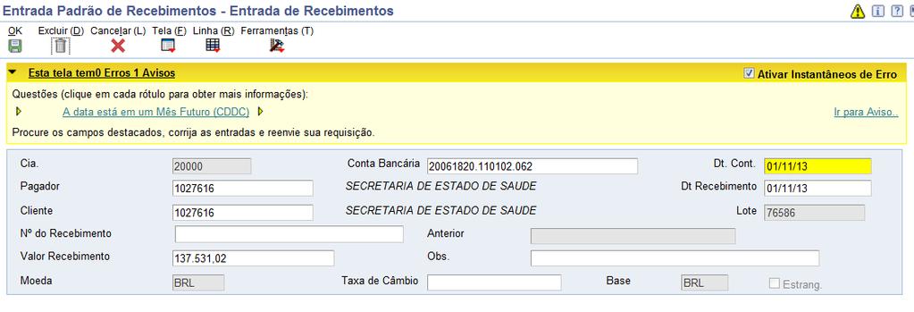 Contas a Receber Recebimento UPA S OBS: A Provisão das UPA S é feita no valor total do Recibo, quando há a baixa o valor tem que se ser baixado proporcionalmente ao recebimento.