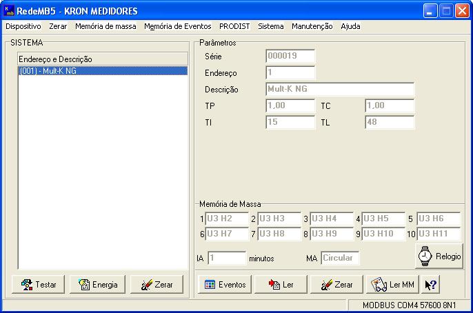 Lista de multimedidores cadastrados Parâmetros principais do multimedidor Parâmetros da memória de massa Tela principal após a adição de um multimedidor f) Para realizar a configuração dos