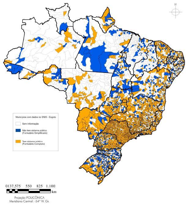 Panorama do Setor de Saneamento Coleta de esgotos no Brasil em 2012 (dados SNIS): 2.221 municípios com sistemas públicos de esgotos (39,9% do total); 1.