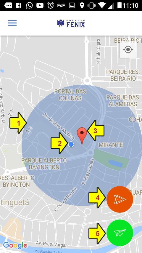 Baia (tela principal) Após se logar no aplicativo, a tela ao lado irá surgir. Nessa tela, você verá sua posição no mapa e a localização da escola.