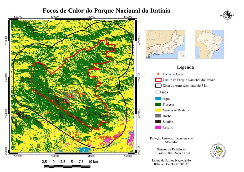 Figura 3 Mapa dos Focos de Calor do Parque Nacional do Itatiaia e cobertura da terra.