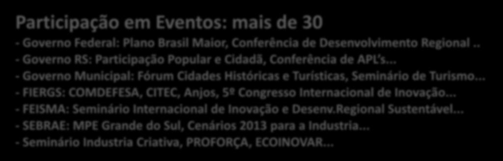 .. Participação em Eventos: mais de 30 - Governo Federal: Plano Brasil Maior, Conferência de Desenvolvimento Regional.. - Governo RS: Participação Popular e Cidadã, Conferência de APL s.