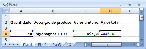 conter números, texto ou fórmulas. Por exemplo, a célula A4 contém o valor 10 e a célula D2 contém o texto Valor total.