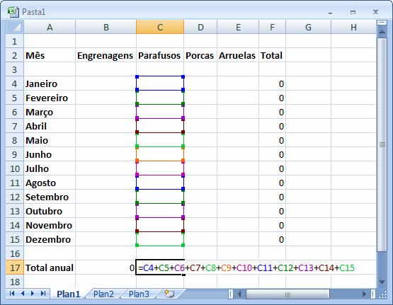 Quando a fórmula for muito grande, usaremos a função SOMA do Microsoft Office Excel 2007, que facilita o cálculo, somando todas as células especificadas.