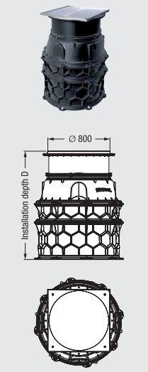 de acesso Ø 800 mm Secção superior com tampa, redonda Fabricada em aço inoxidável, classe K3 Em conformidade com a EN 13598 Parte 2 Homologação Z-42.