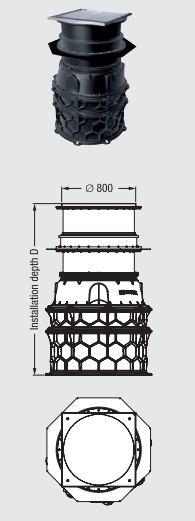 Camara de sistemas Ø 1000 mm para instalação em laje de betão Ilustração e dimensões Descrição artigo Profundidade de instalação Camara de sistemas de engenharia para combinação com a base da