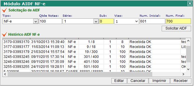 Para o tipo temos NF-e e DANFE, deve-se informar a quantidade de notas, a série, número de vias, e número inicial, também baseado no último número de nota solicitado, neste caso, a ultima sendo de nº