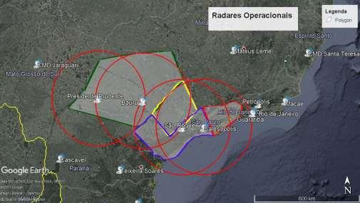 Figura 1. Radares operacionais e áreas de responsabilidade. Vermelho CPTEC, Azul 7 Distrito, Amarelo CEPAGRI e Verde IPMET Ferramenta de Previsão Imediata.