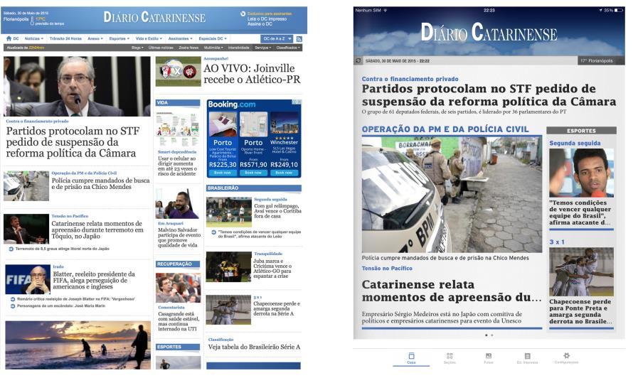74 Figura 17 - Diferença entre visualização da página inicial (home) no site e no aplicativo do DC. Fonte: Reprodução de www.diariocatarinense.com.br.