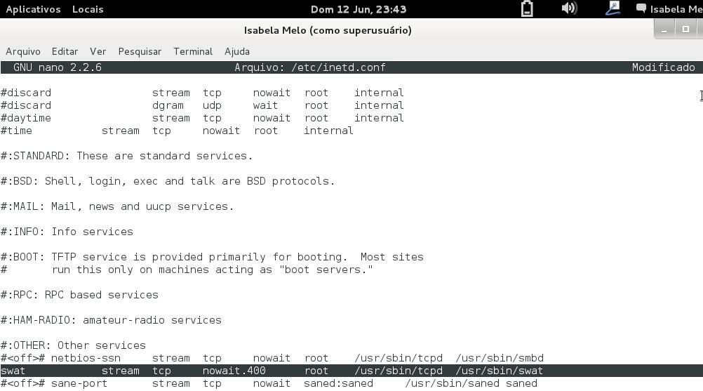 10 editar manualmente o arquivo de configuração do Samba. Para configuração do servidor foi escolhido Swat.