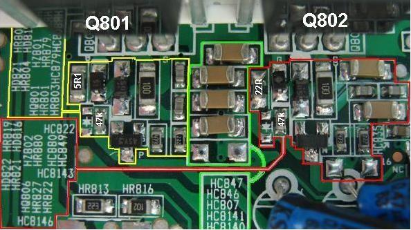 Após a sinal PWM sair do IC802, ela parte para a etapa de amplificação. A foto acima nos mostra o circuito amplificador do canal L (esquerdo).