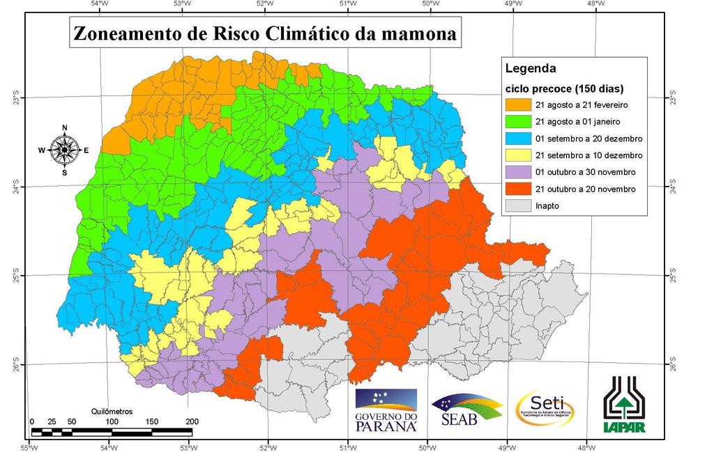 Mapa 1. Regiões aptas para o cultivo da mamona, variedades de ciclo precoce, no estado do Paraná, em função da época de semeadura.