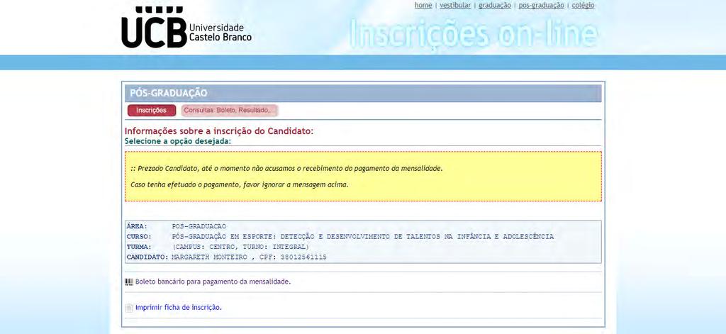 Na tela Informações sobre a inscrição do