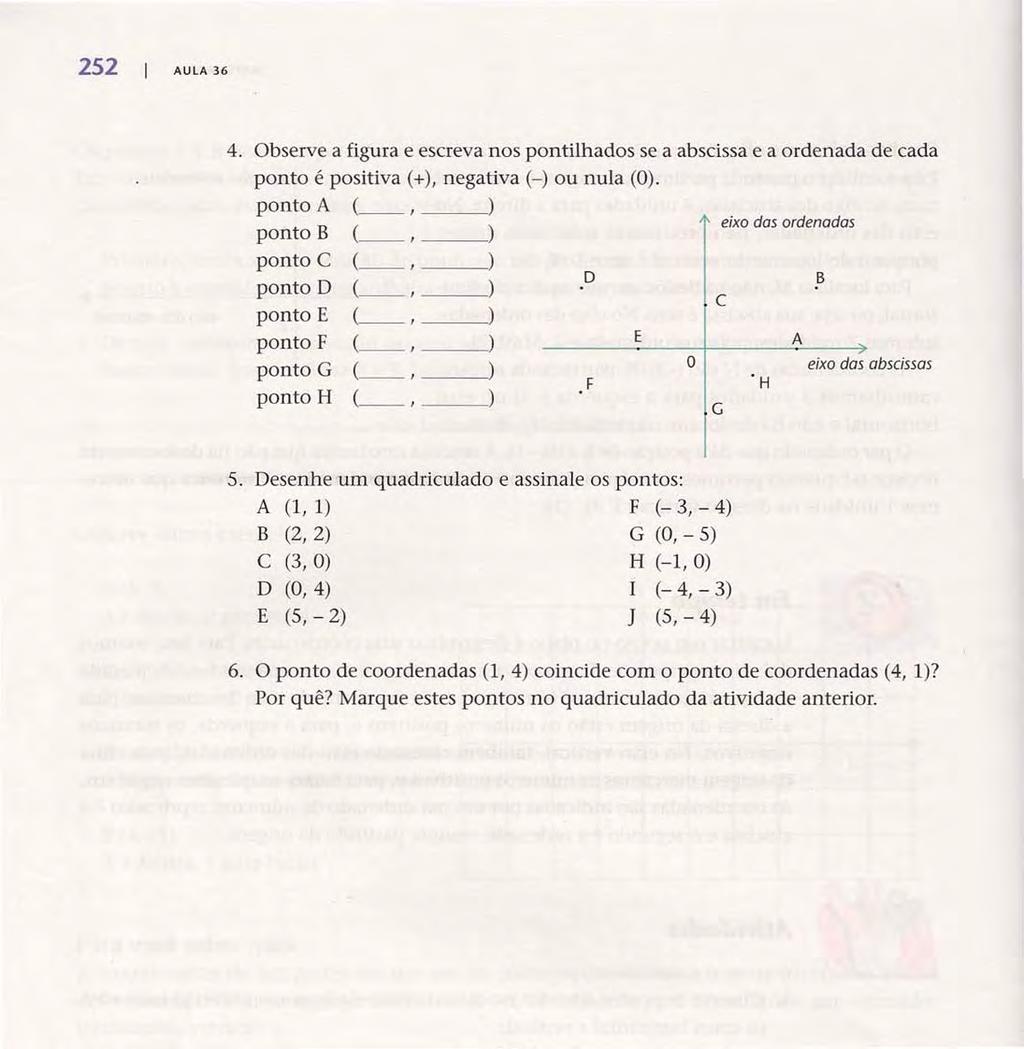 AULA 36 Acesse: http://fuvestibular.com.br/. Observe a figura e escreva nos pontilhados se a abscissa e a ordenada de cada ponto é positiva (+), negativa (-) ou nula (O).