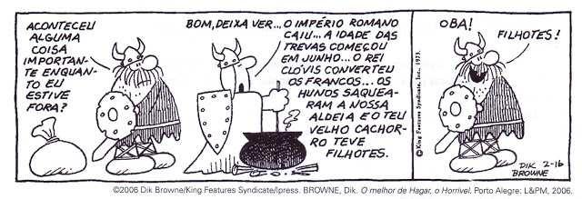 4- Leia a tirinha do Hagar abaixo: a) Na fala de Helga, classifique, quanto à transitividade, os verbos caiu, começou, converteu, saquearam e teve, identificando os objetos diretos e/ou indiretos e