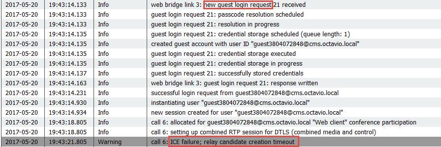 O erro pode ser confirmado com uma captura de pacote de informação demasiado. Execute Wireshark no PC aonde o cliente do webrtc é executado.