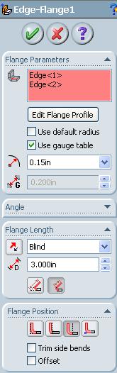 2 Flange de borda. Crie um flange de borda e selecione as bordas opostas, como mostrado. Clique em Use gauge table, defina o Length do flange como 3 e defina a Flange Position como Bend Outside.