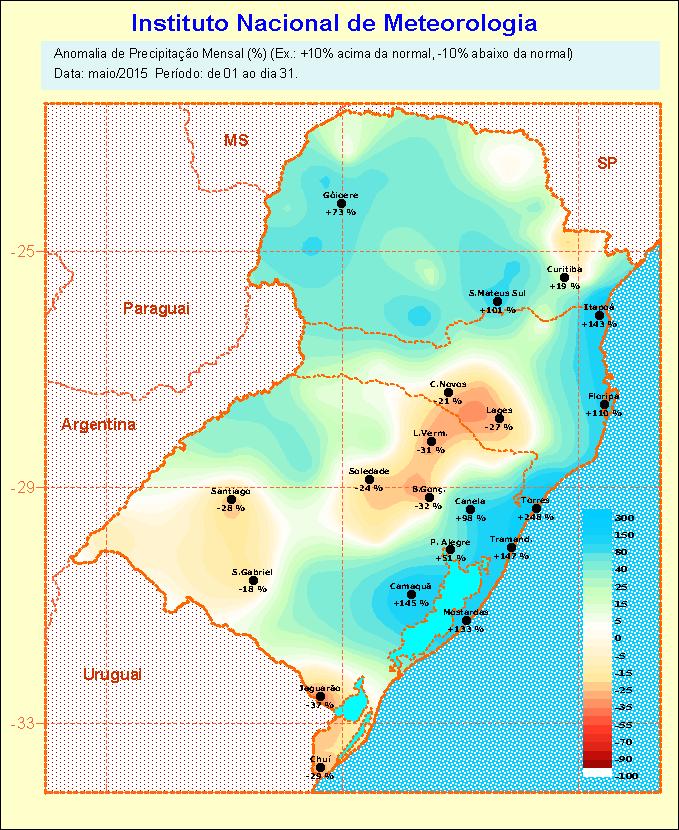 climatológico no sudeste, nordeste e noroeste do Estado, abaixo do padrão no extremo sul, leste do Planalto Médio e leste do Alto Uruguai e dentro do padrão nas demais regiões.