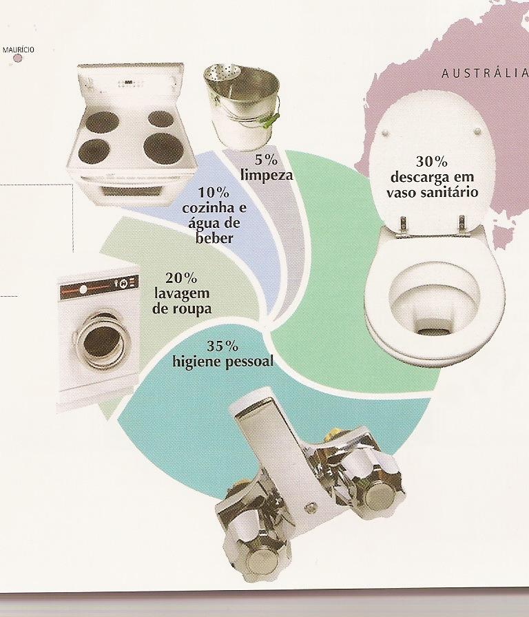 Figura 1. 1: Proporção aproximada dos usos da água em ambiente doméstico (Clarke e King, 2005).