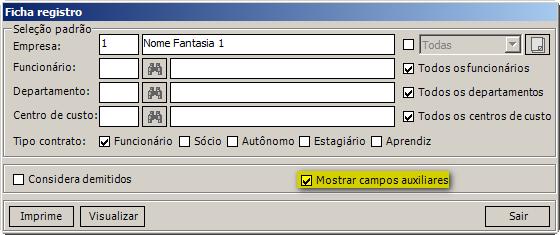 7- Habilite a opção: Mostrar campos auxiliares. 8- Selecione o funcionário específico. 9- Clique em Visualizar.