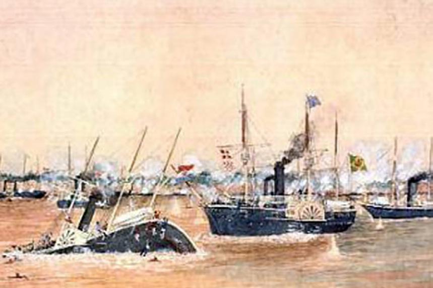 ^ JEJUI AFUNDADO Na arte do Almirante Trajano Augusto de Carvalho, o momento decisivo da Batalha Naval do Riachuelo, quando Barroso põe a pique o Jejui.