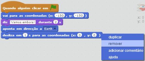 Página4 Desafio: Melhora a tua animação Podes alterar os números do teu código na animação, de modo que: - a nave espacial se mova até tocar na terra; - a nave espacial move-se mais lentamente para a